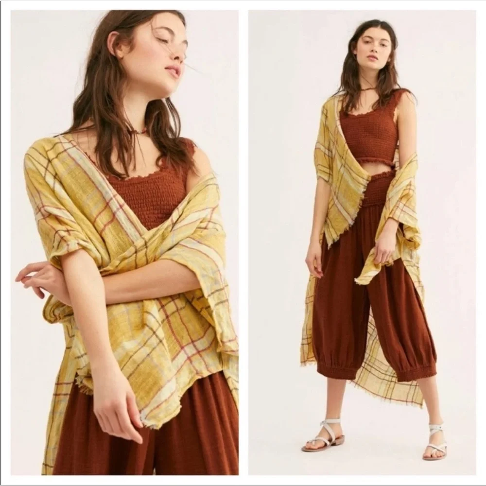 NWT~Free People Yellow Plaid Caftan - Picture 5 of 7